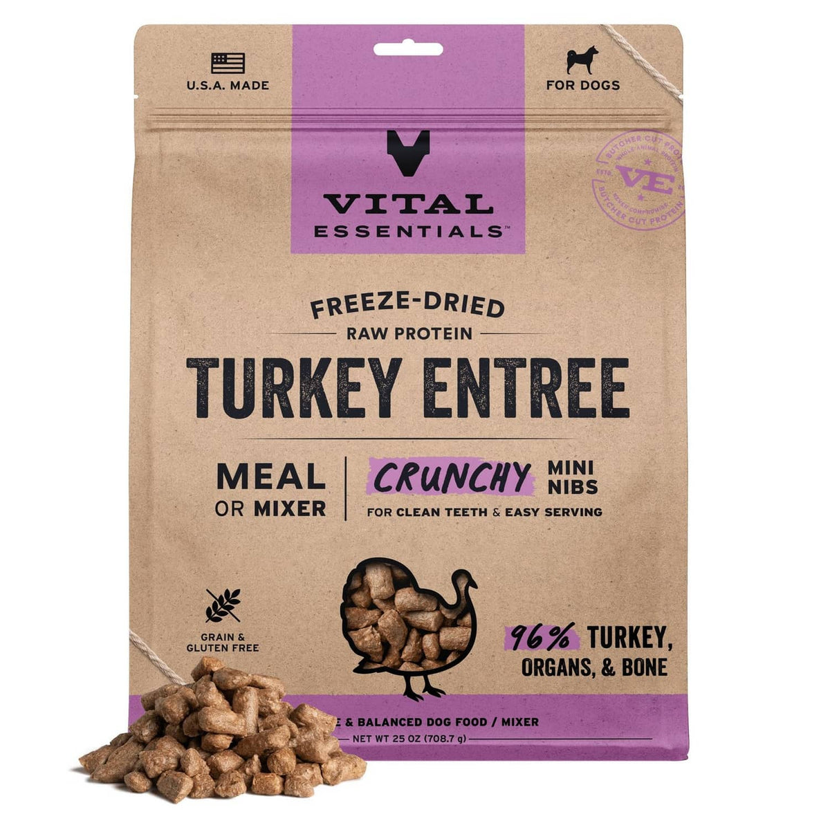 Vital Essentials freeze-dried turkey entree dog food bag, 25 oz