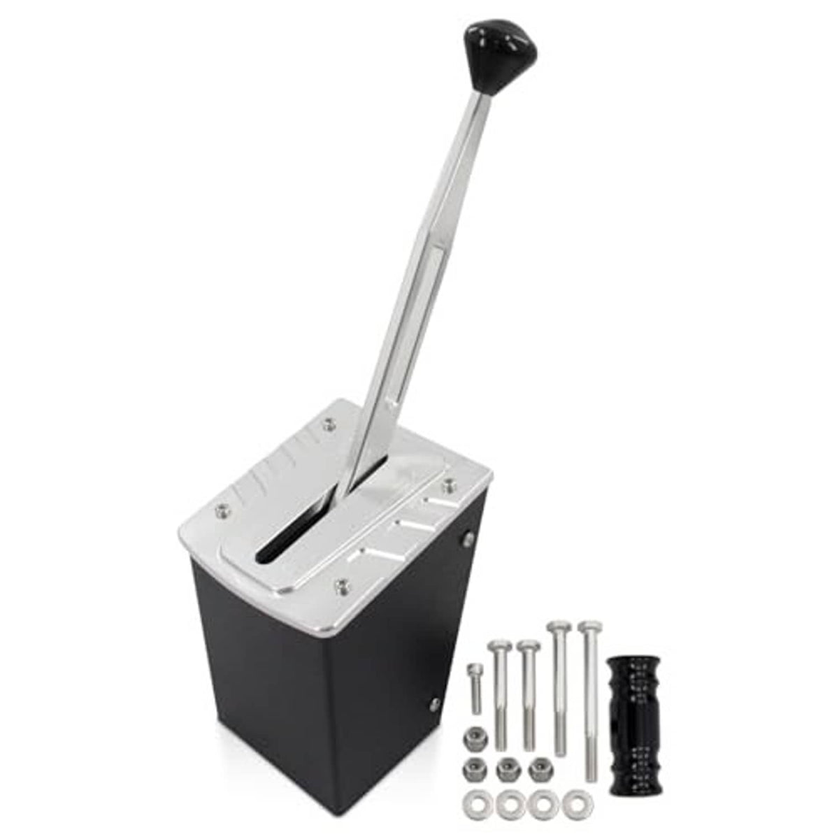 Forward-reverse golf cart shifter assembly with lever, black base, and included bolts