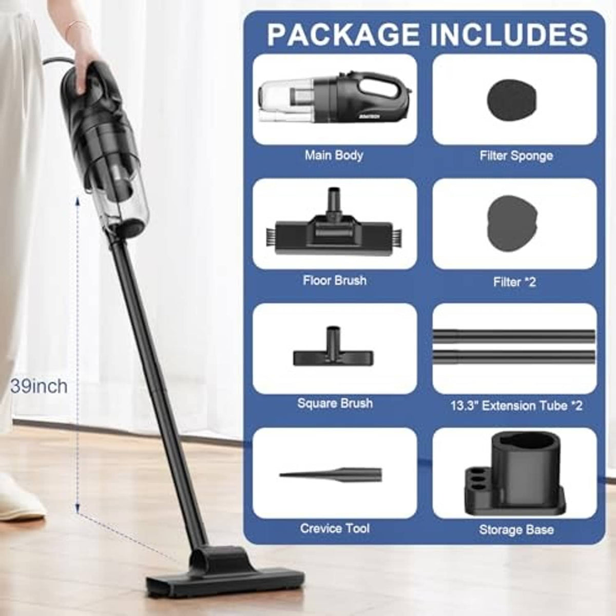 Corded stick vacuum package includes floor brush, crevice tool, and storage base.