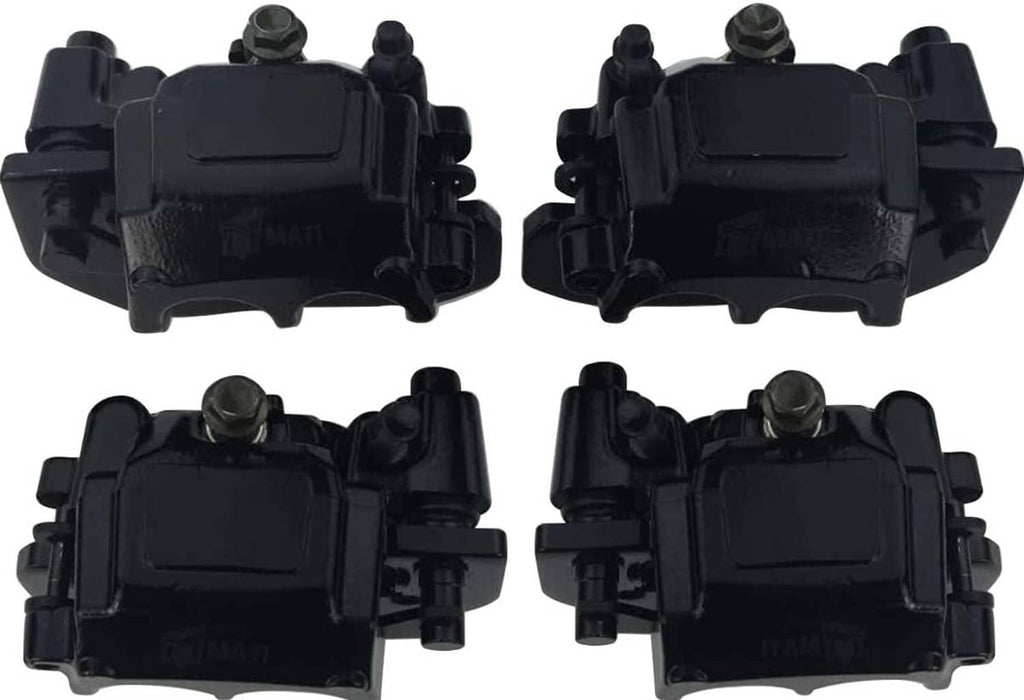 Black brake calipers with square pad housing and mounting hardware, close-up four-view