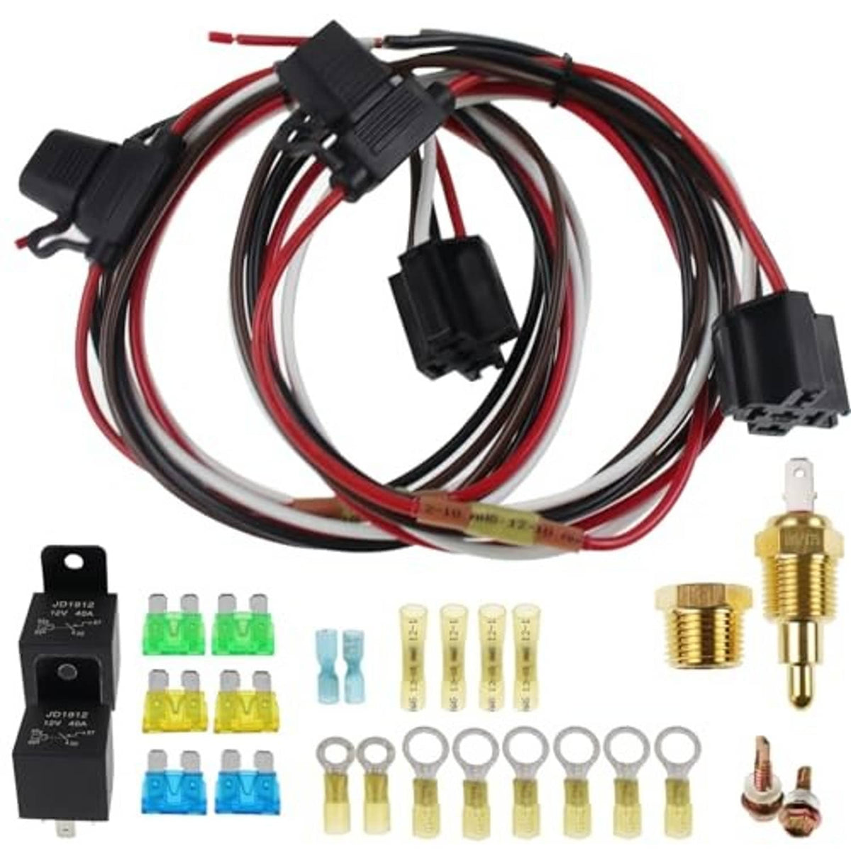 Dual electric fan relay wiring kit with relays, fuse holders, ring terminals, and brass sensors