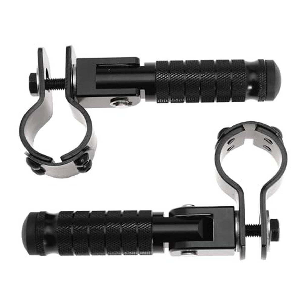 Black folding motorcycle footrests with textured grips and clamp brackets