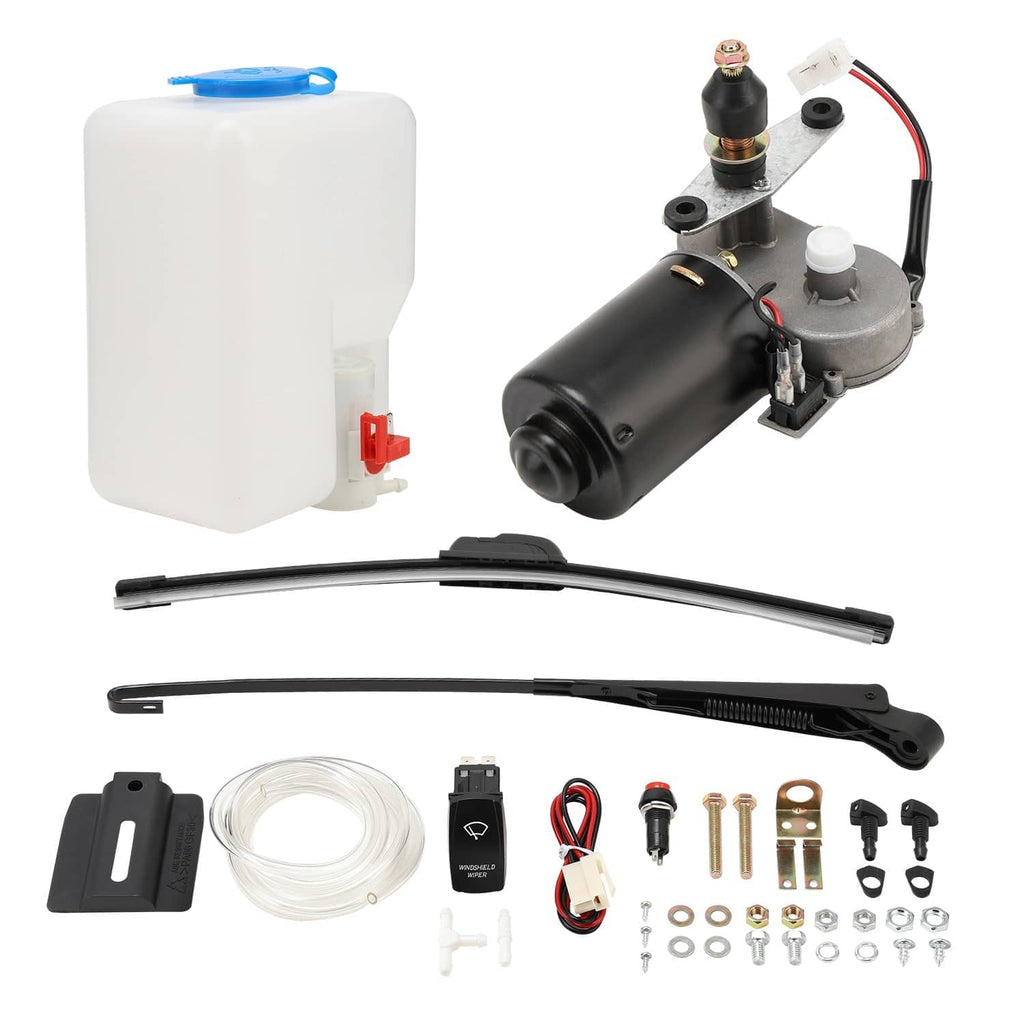 Windshield wiper motor and reservoir kit with two wiper blades and assorted connectors