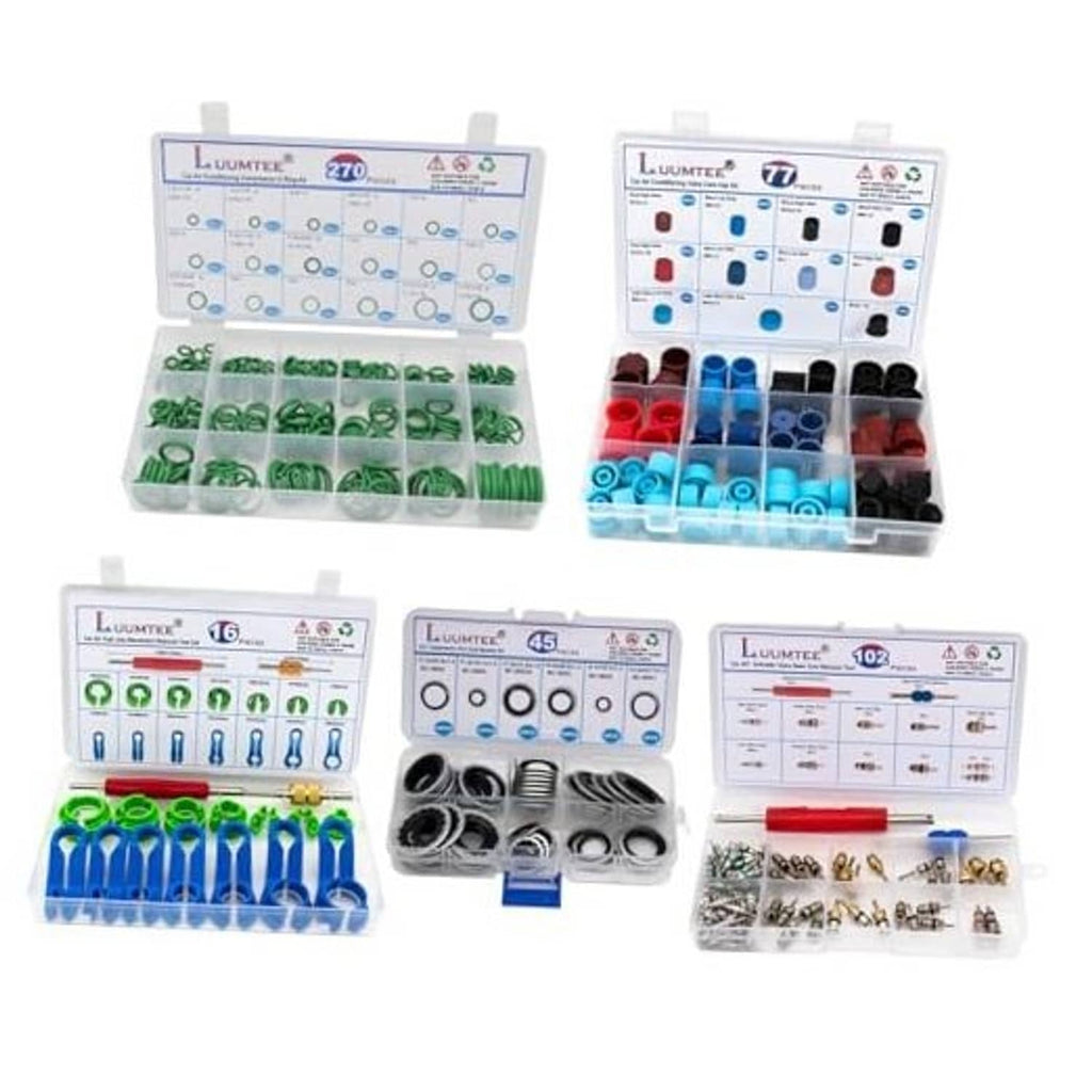 AC repair kit with assorted O-ring seals in clear compartments
