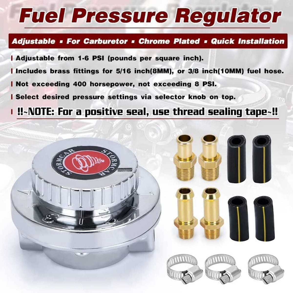 Adjustable fuel pressure regulator kit with chrome regulator, brass fittings, black hoses, clamps