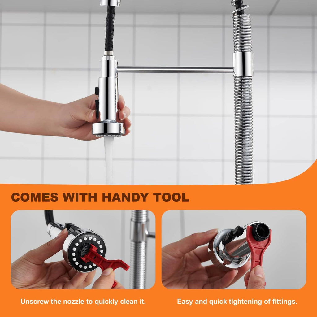 Chrome kitchen faucet spray head replacement with included tool for tightening fittings