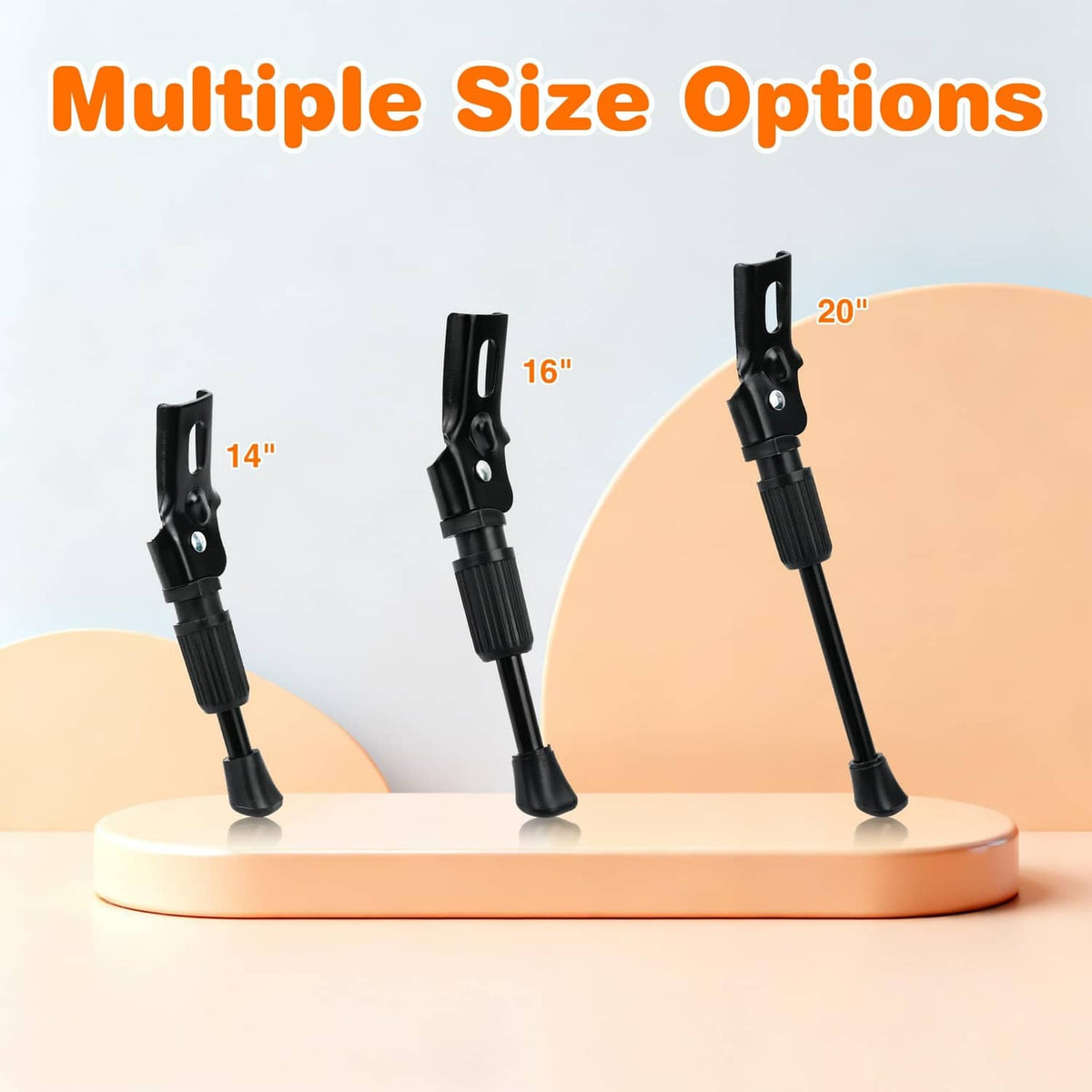 Set of black adjustable kickstands shown in multiple lengths for different sizes