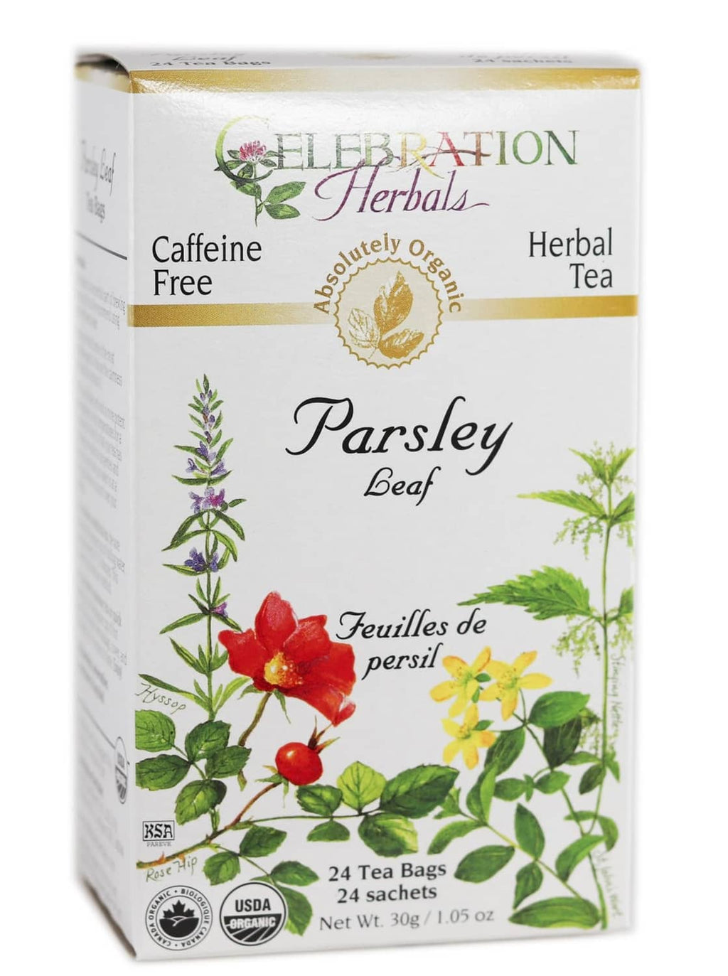 Caffeine-free organic parsley leaf herbal tea bags box with 24 sachets and gold band.