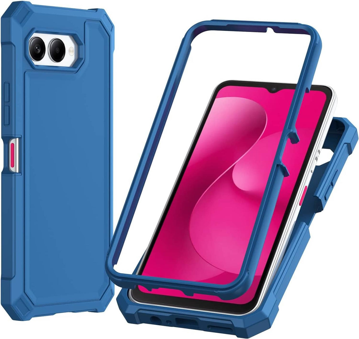Blue rugged phone case, back and front showing dual camera opening and screen protection