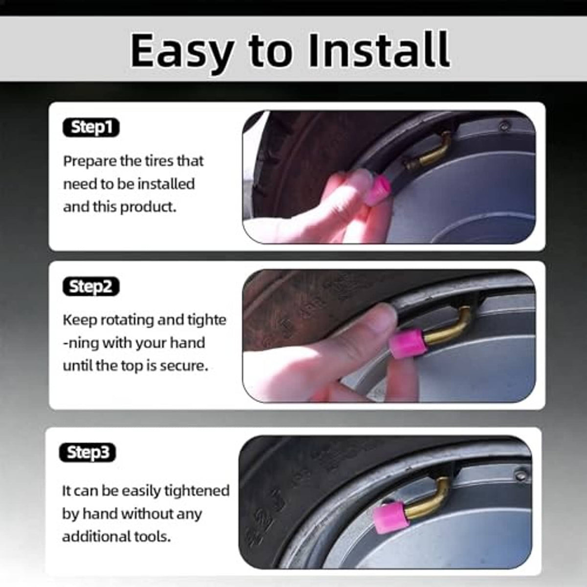 Hand installing a pink glow tire valve cap on a car tire valve stem