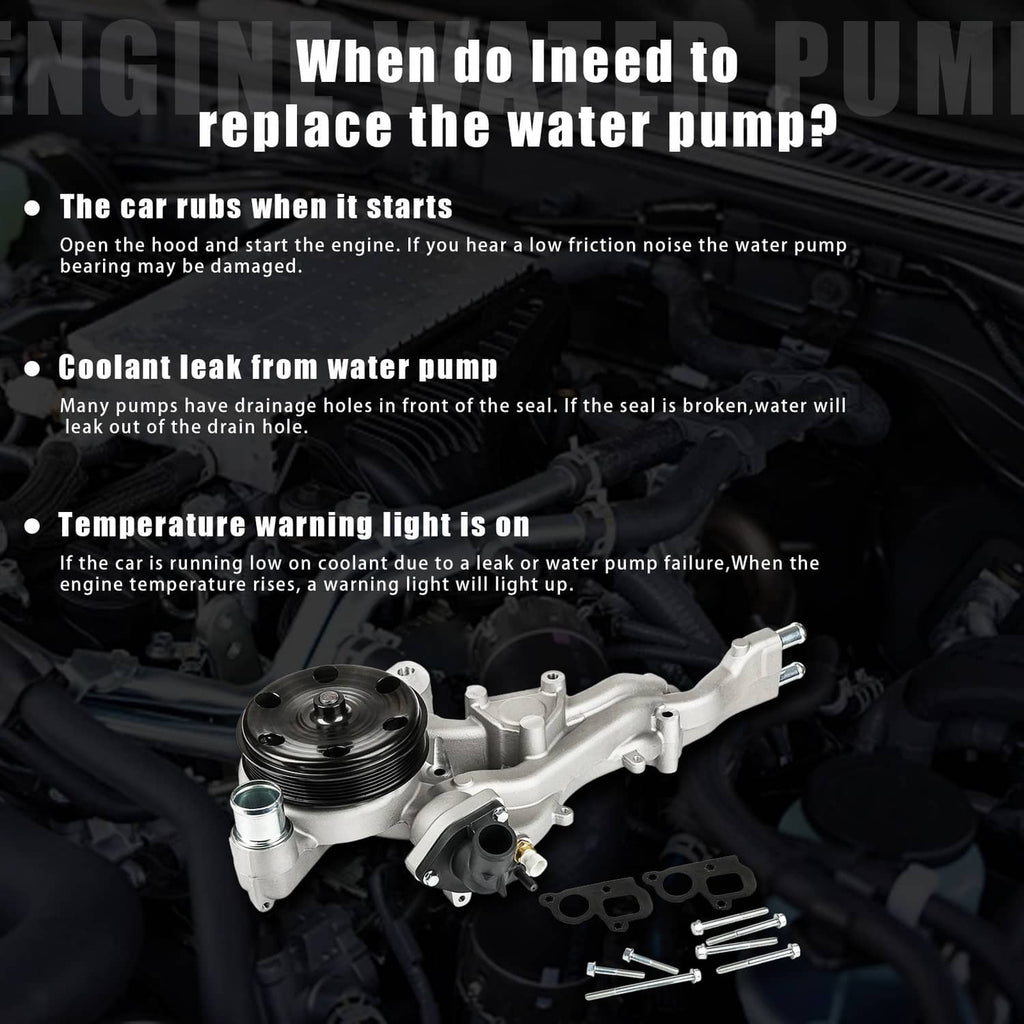 Water pump with thermostat in engine bay, silver housing with black pulley and hoses