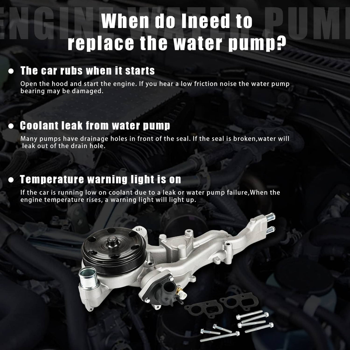 Water pump with thermostat in engine bay, silver housing with black pulley and hoses