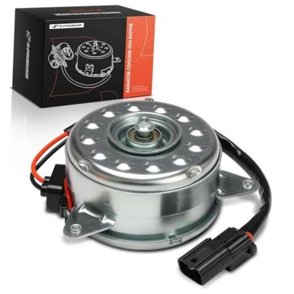 A/C condenser fan motor with metal housing, red/orange wires, and black electrical connector
