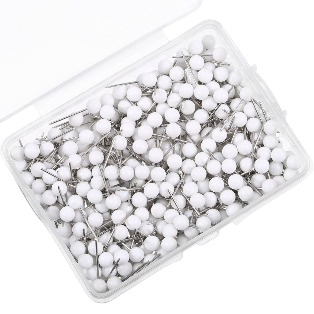 White map push pins with round heads in a clear plastic box