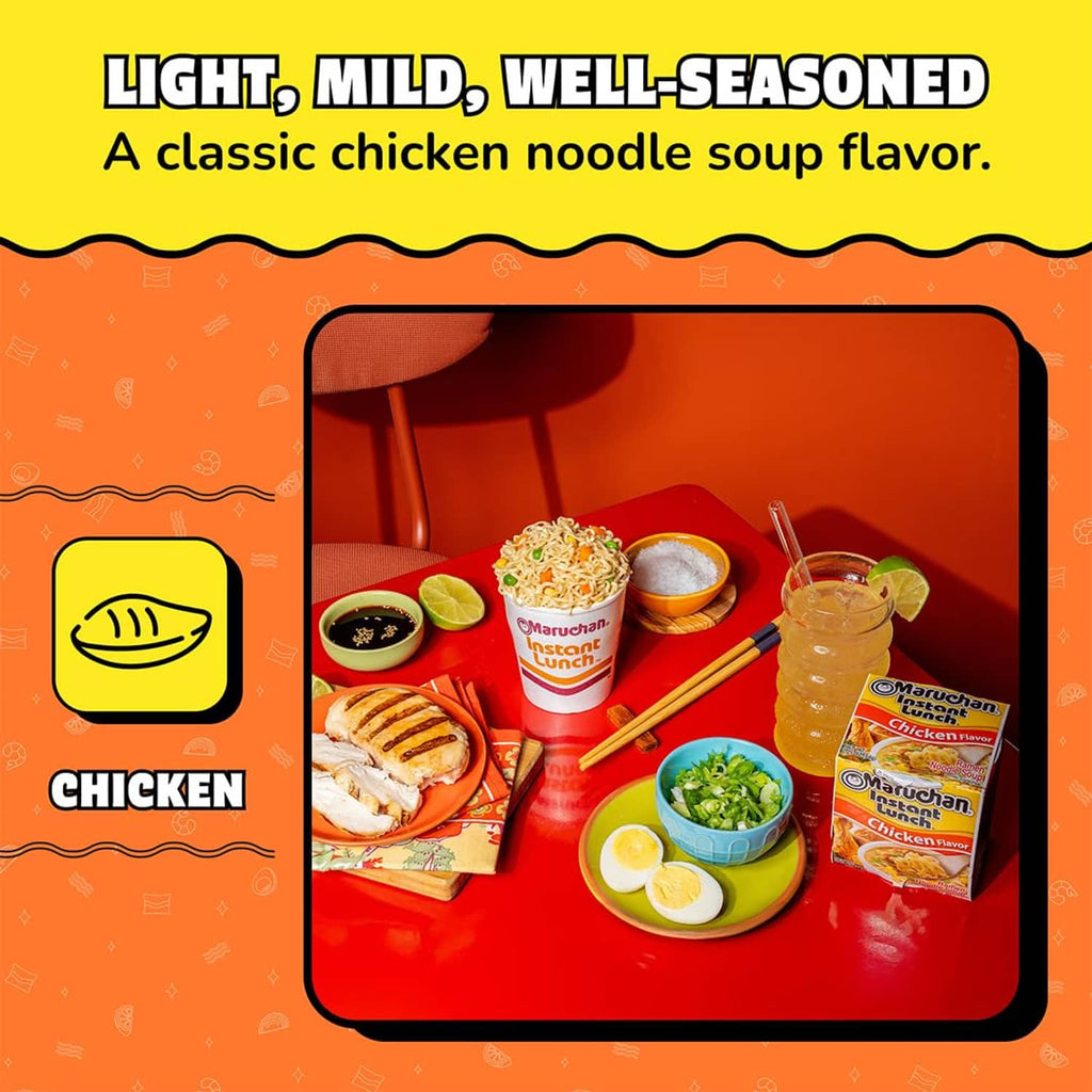 Maruchan Instant Lunch chicken flavor ramen soup with cup and serving tray