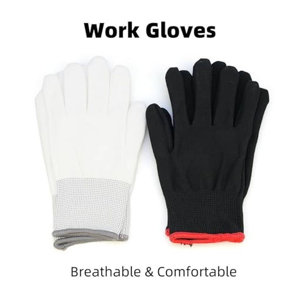 Breathable work gloves pair: white and black knit with red cuff