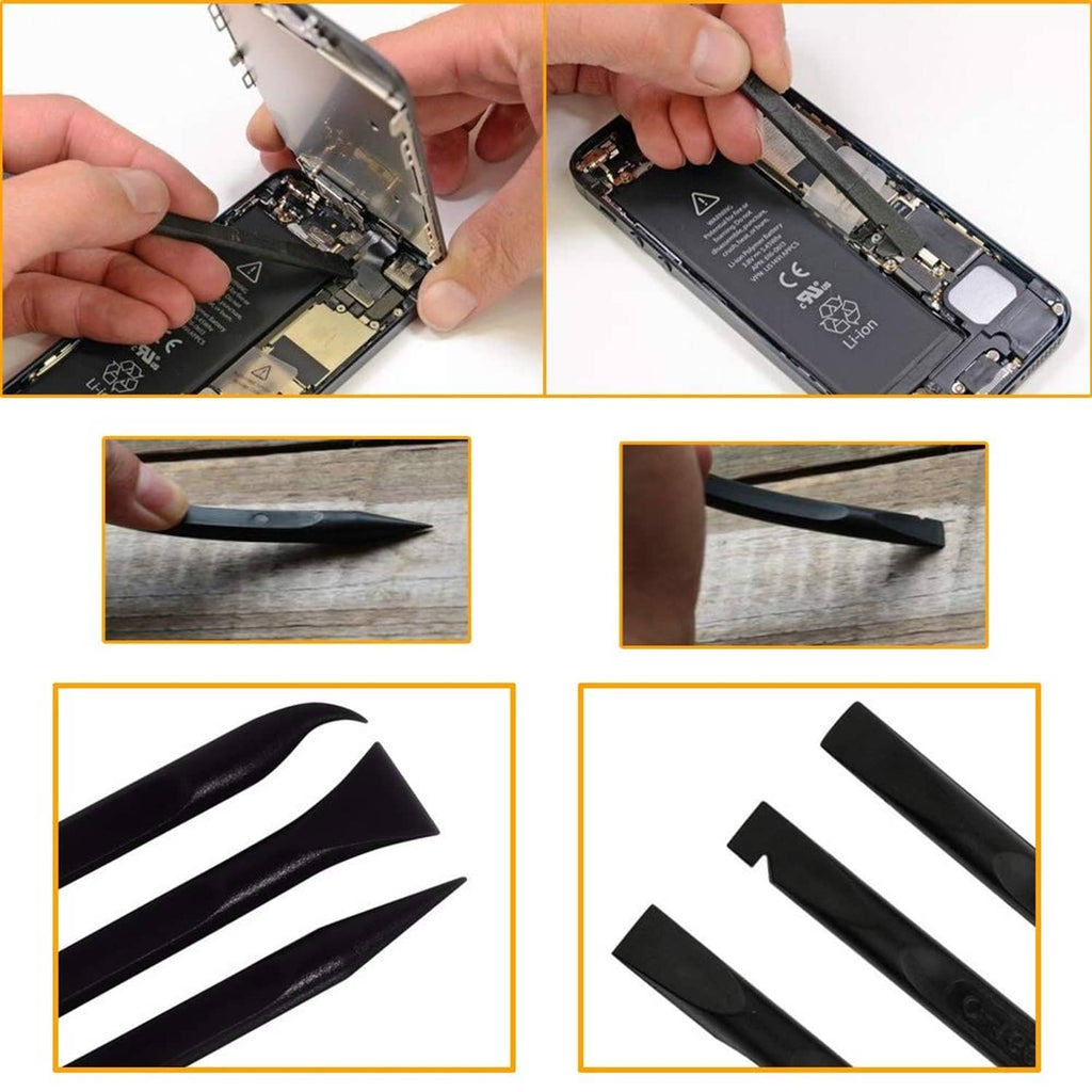 Black plastic pry tool set for lifting and separating smartphone parts