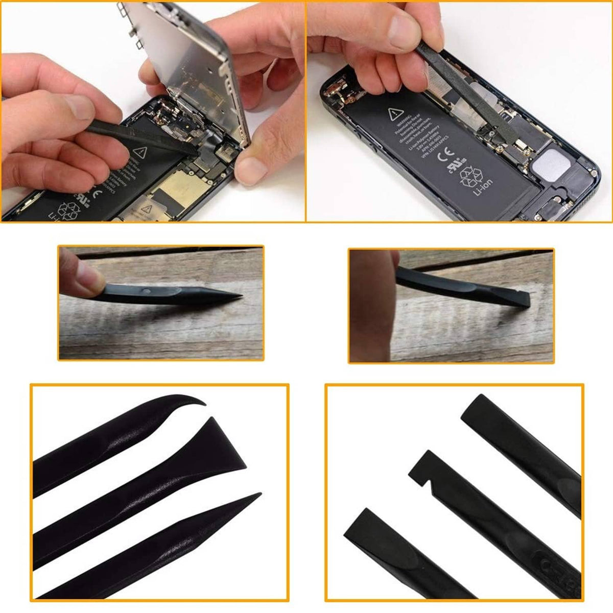 Black plastic pry tool set for lifting and separating smartphone parts