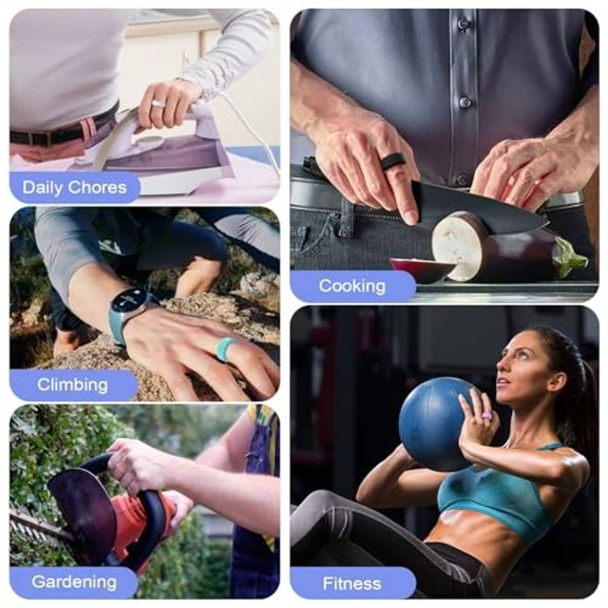 Elastic silicone ring cover shown worn on a finger during daily activities
