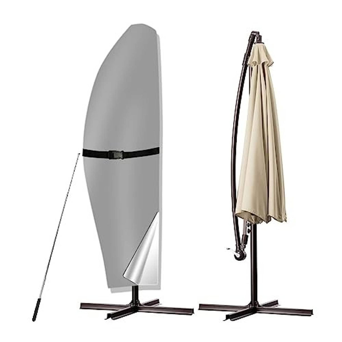 Gray cantilever umbrella cover with black mid strap, fitted for patio stand poles.