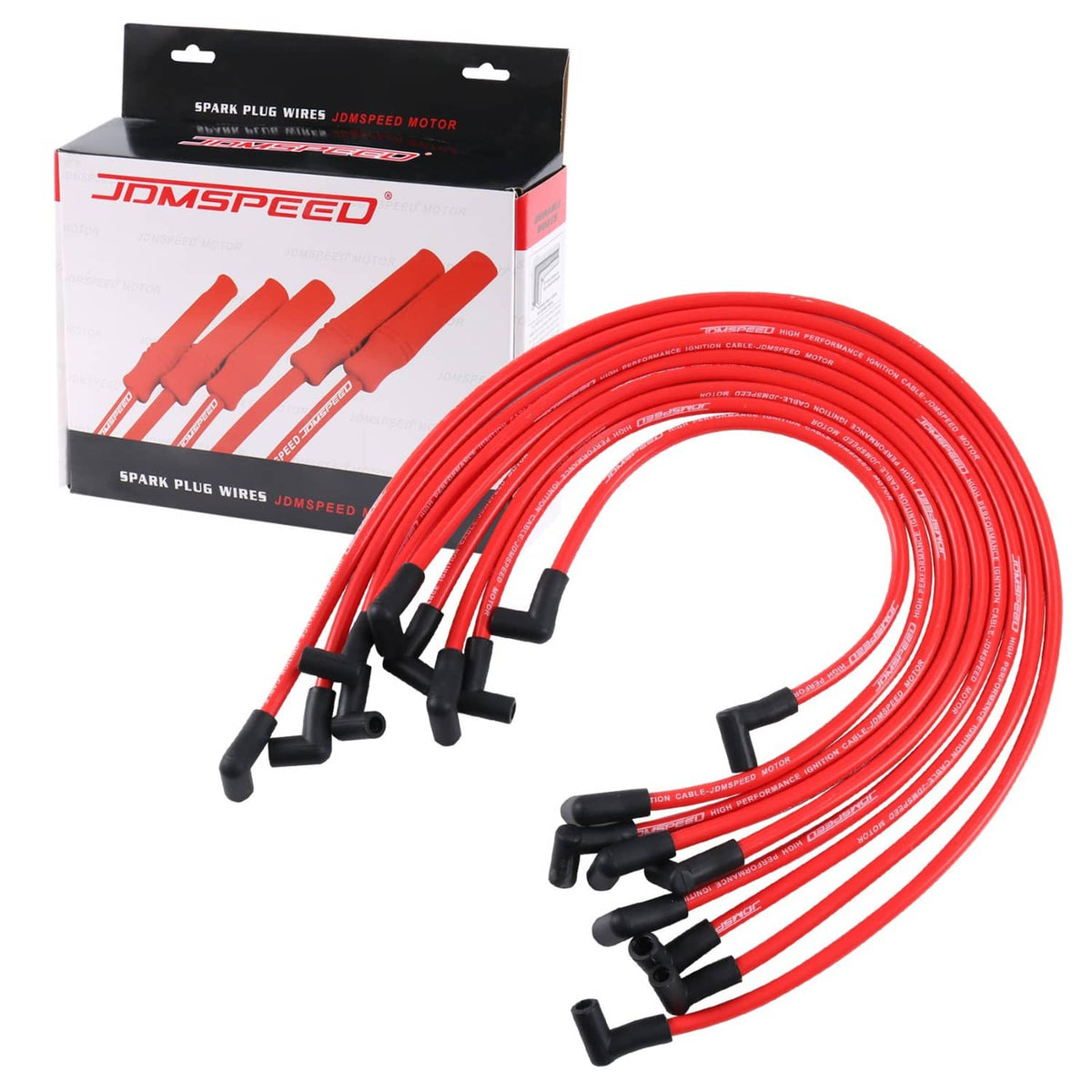Red spark plug wire set with black boots, shown with retail box