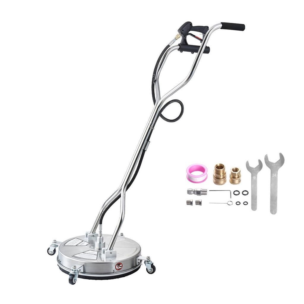 18-inch pressure washer surface cleaner with dual handle, four wheels, and accessory parts