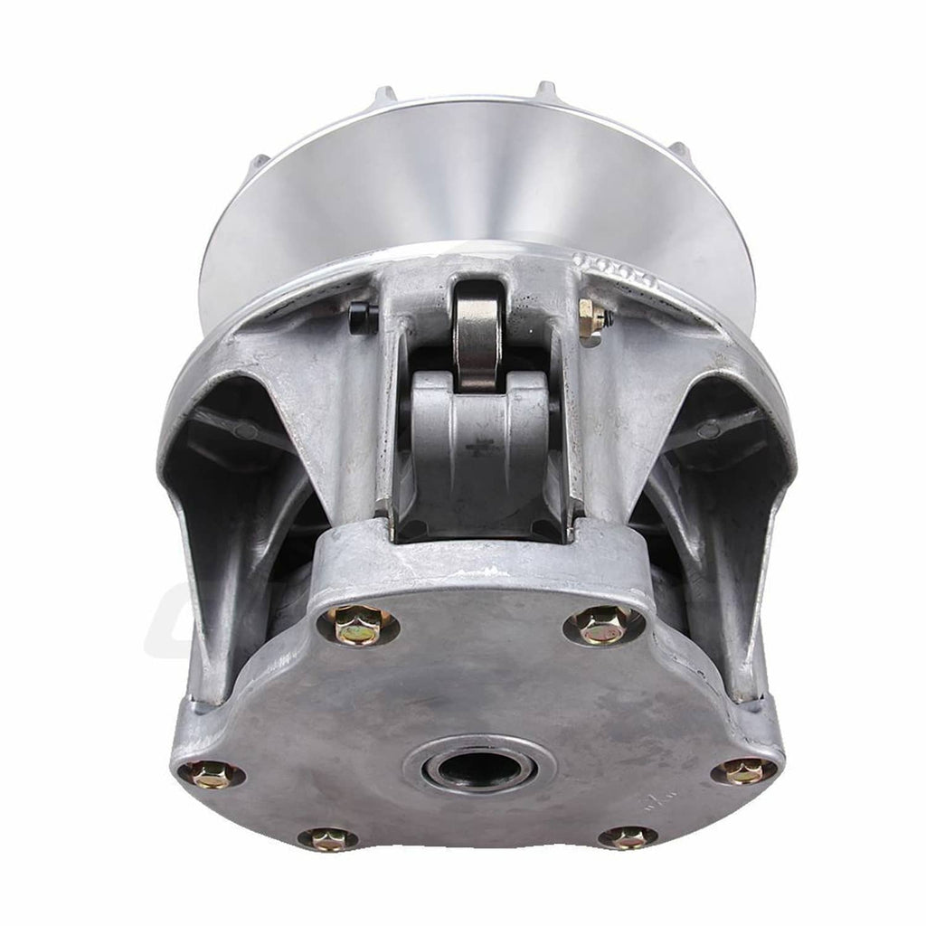 Primary drive clutch assembly front view with silver housing and mounting bolts