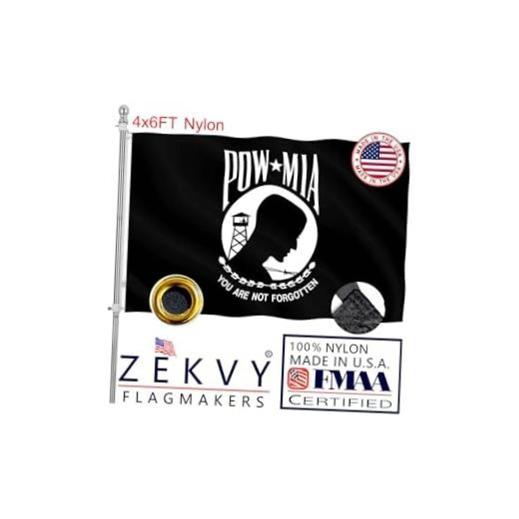 Black nylon POW-MIA double-sided flag on a metal pole with brass grommet