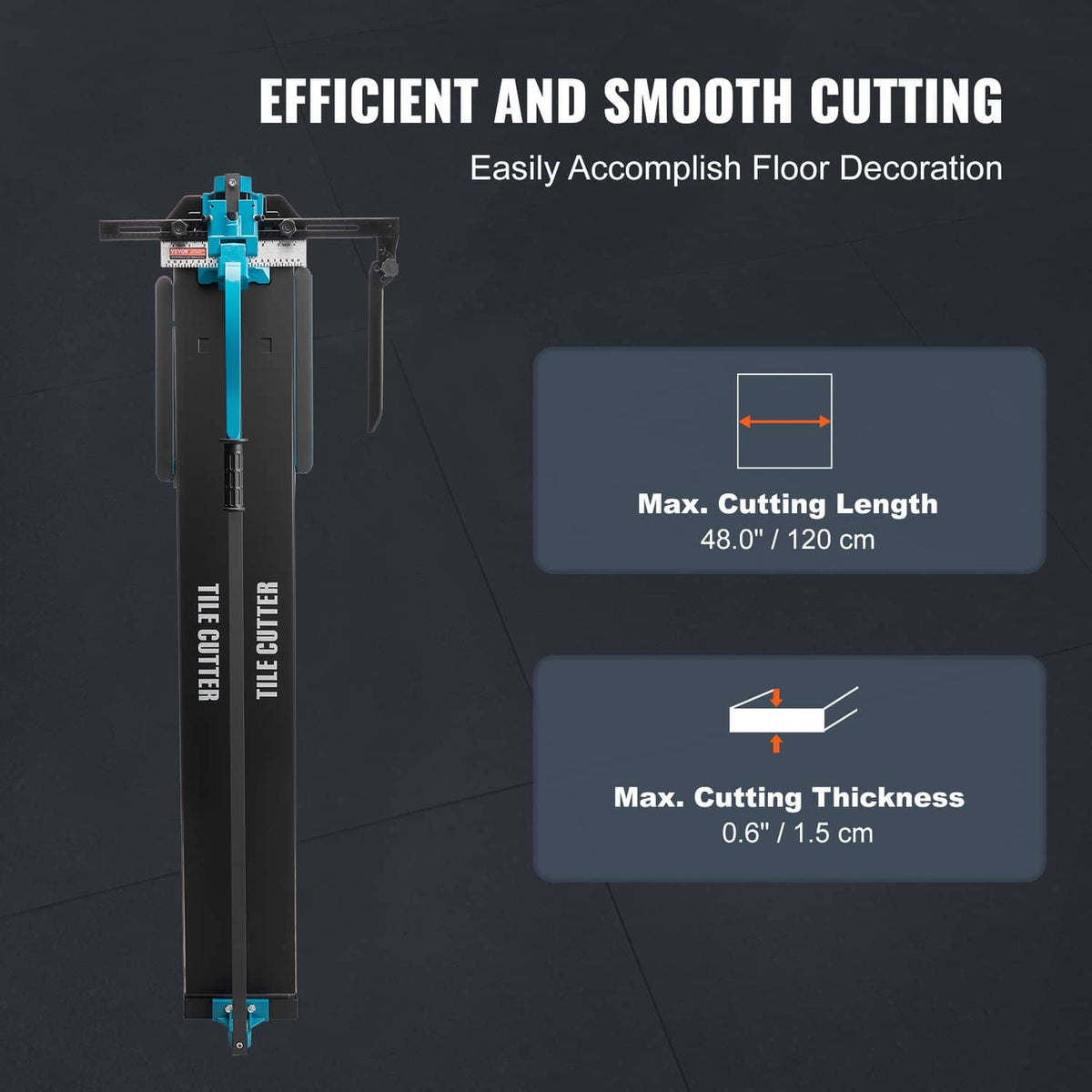 Manual tile cutter with teal handle and black frame, vertical stand with cutting rail