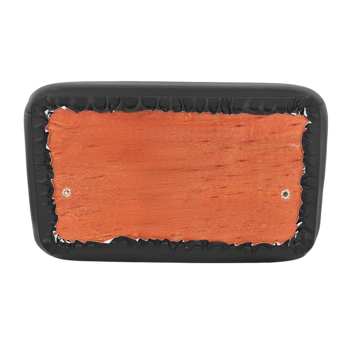 Black golf cart seat back cushion with exposed orange foam underside and eyelets