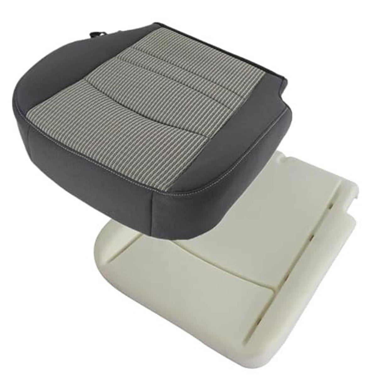 Front driver seat bottom replacement cushion with light beige foam base and dark cloth top