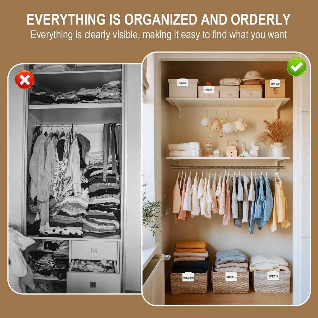 White storage label cards for organizing closet shelves and bins, arranged neatly