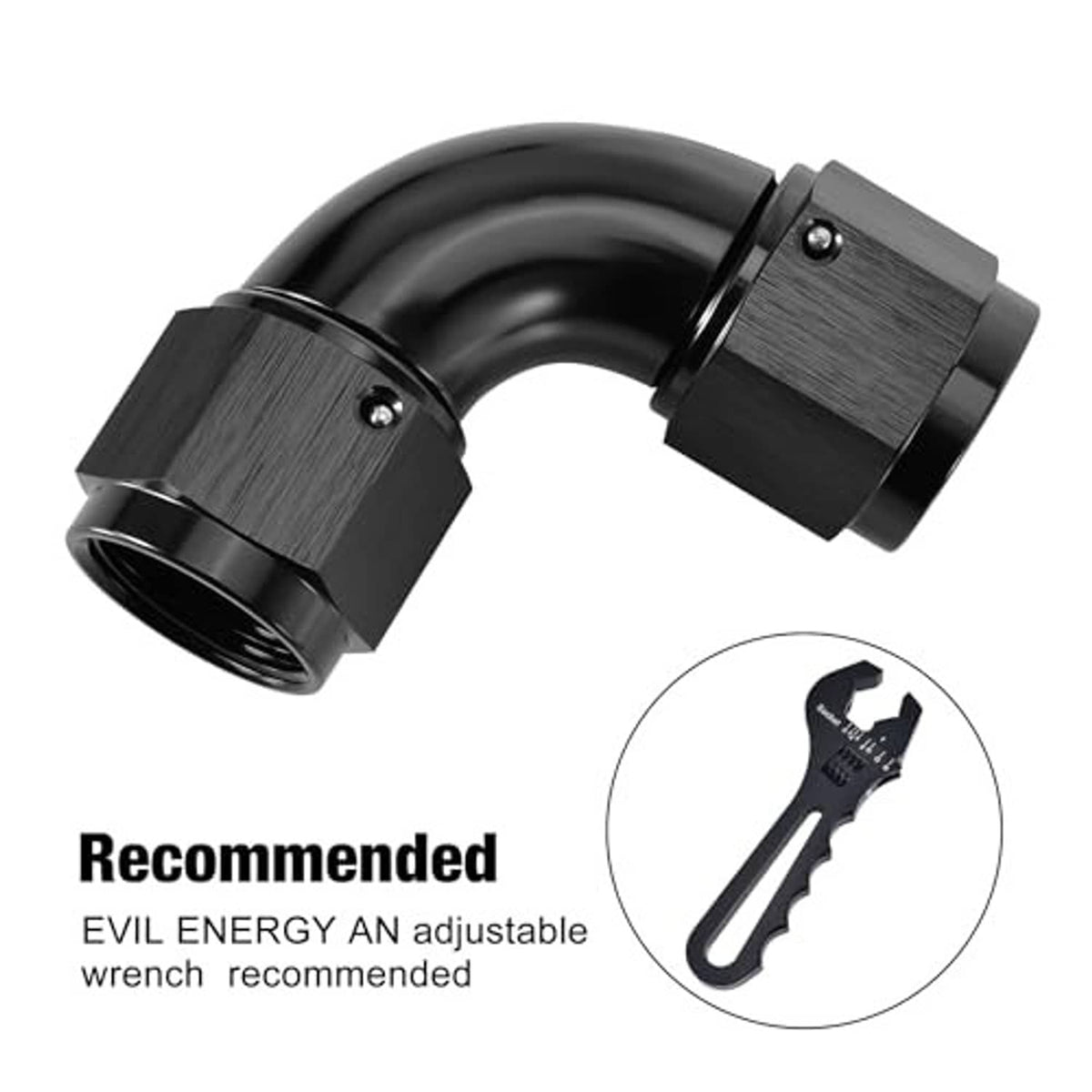 Curved 90-degree 6AN coupler union, black anodized aluminum, swivel connection