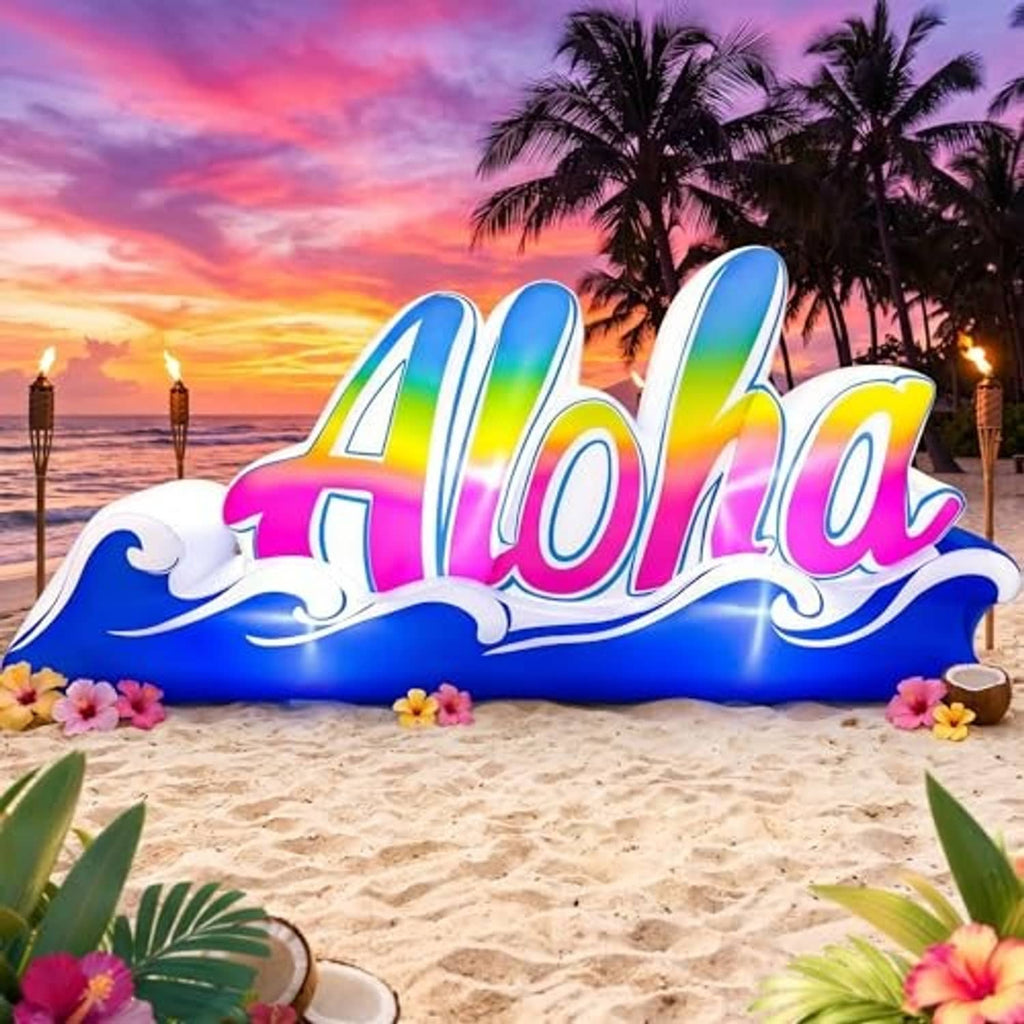 Inflatable Aloha banner sign with blue wave base and multicolor Aloha script