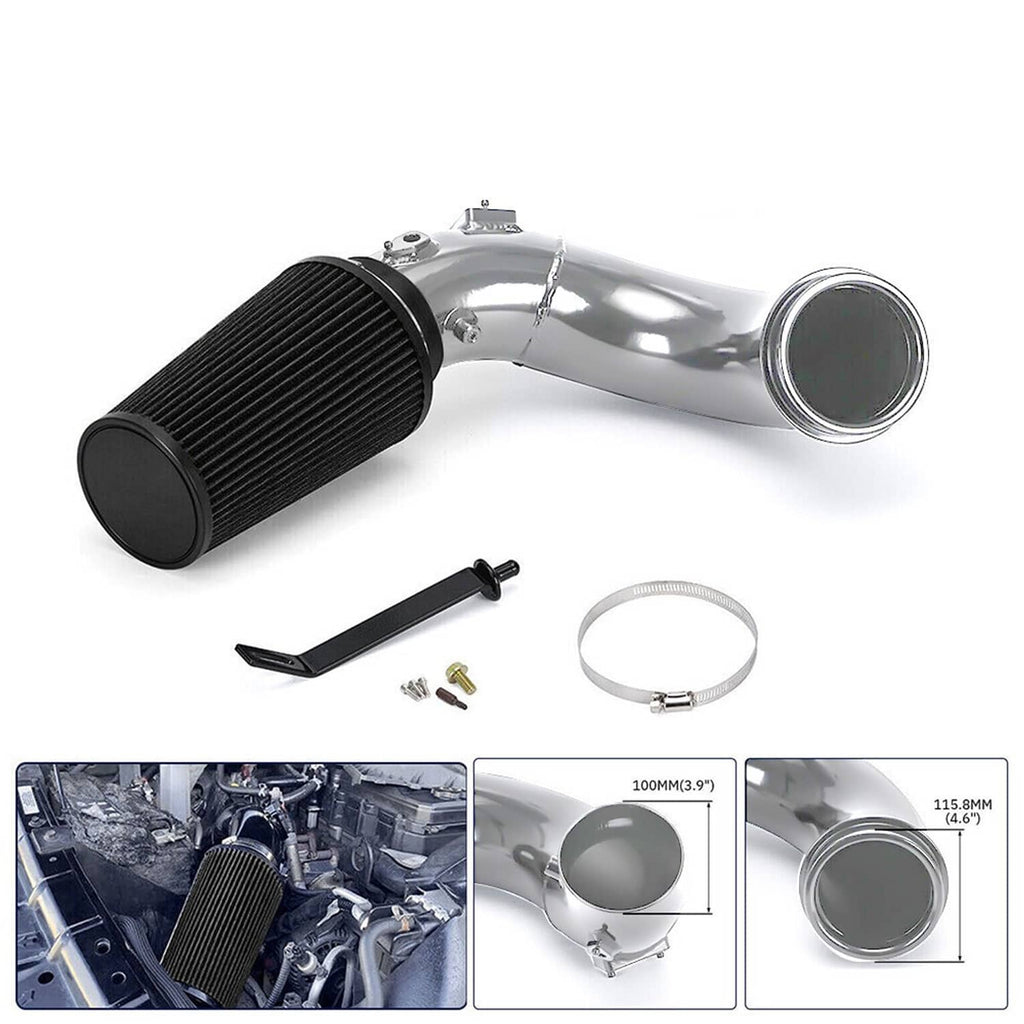 Cold air intake kit with black conical air filter and polished aluminum intake pipe