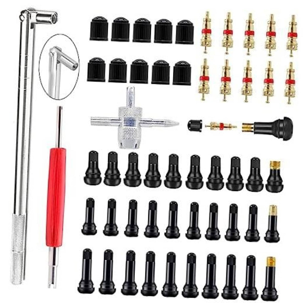 Valve stem puller installer tool kit with red-handled tool and black caps, brass valves