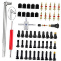 Valve stem puller installer tool kit with red-handled tool and black caps, brass valves
