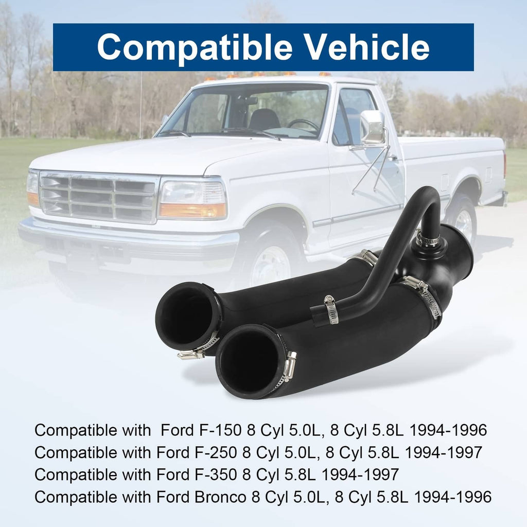 Black air intake hose with dual round openings and metal hose clamps