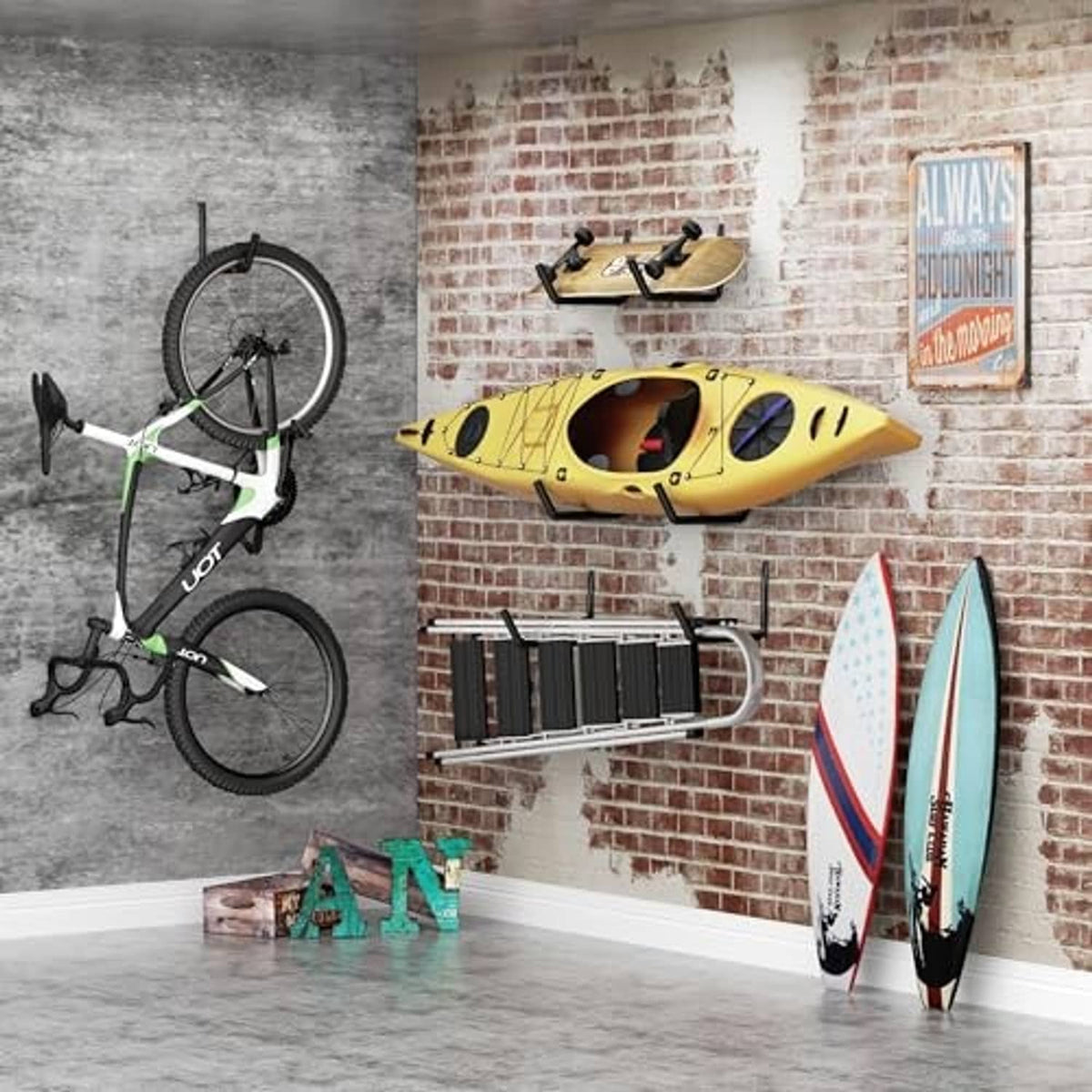 Black wall storage hooks holding a yellow kayak and surfboards in a garage