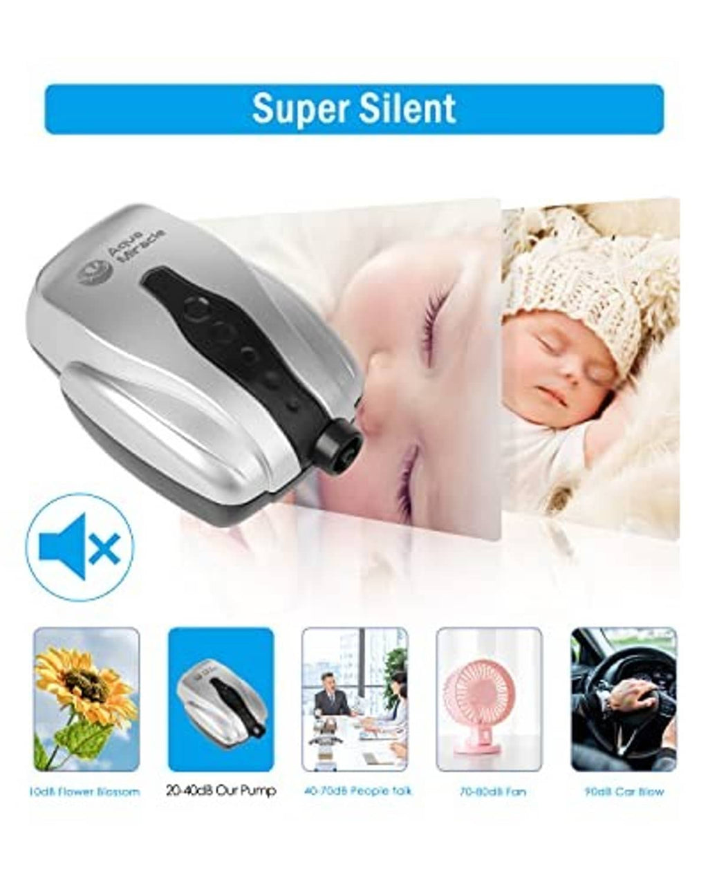 Silent aquarium air pump with control panel and connected airline tubing