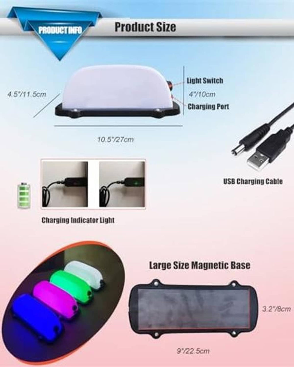 White rechargeable roof sign light with USB charging cable and magnetic base