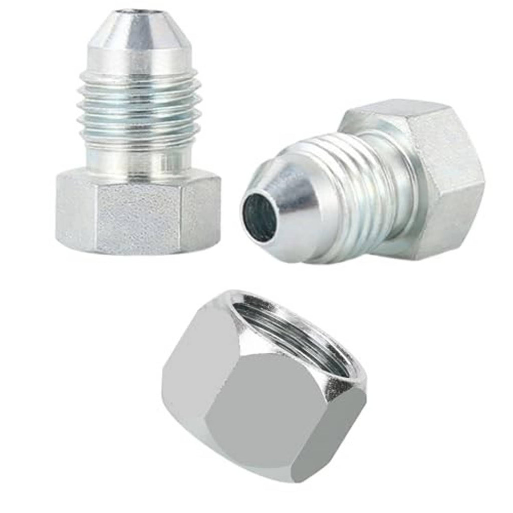Hydraulic hose plug and cap fittings, silver with external threads and hex grip
