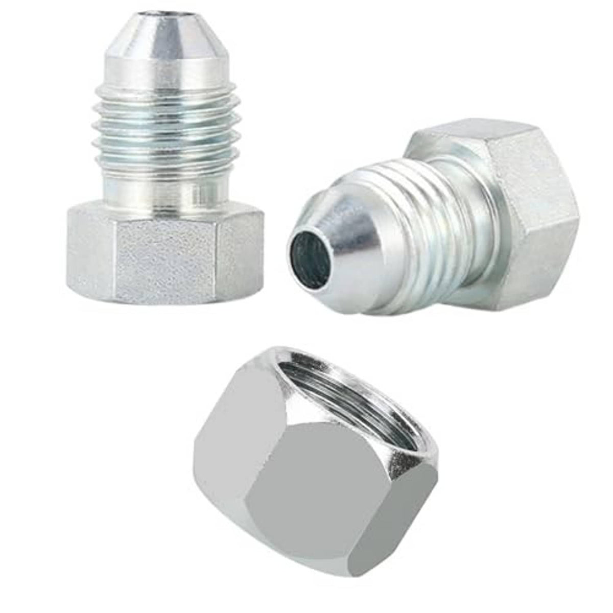 Hydraulic hose plug and cap fittings, silver with external threads and hex grip