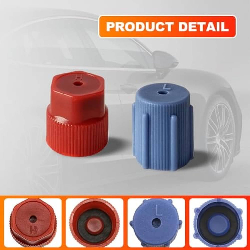 Red and blue ribbed plastic AC service port caps with circular top and center hole.