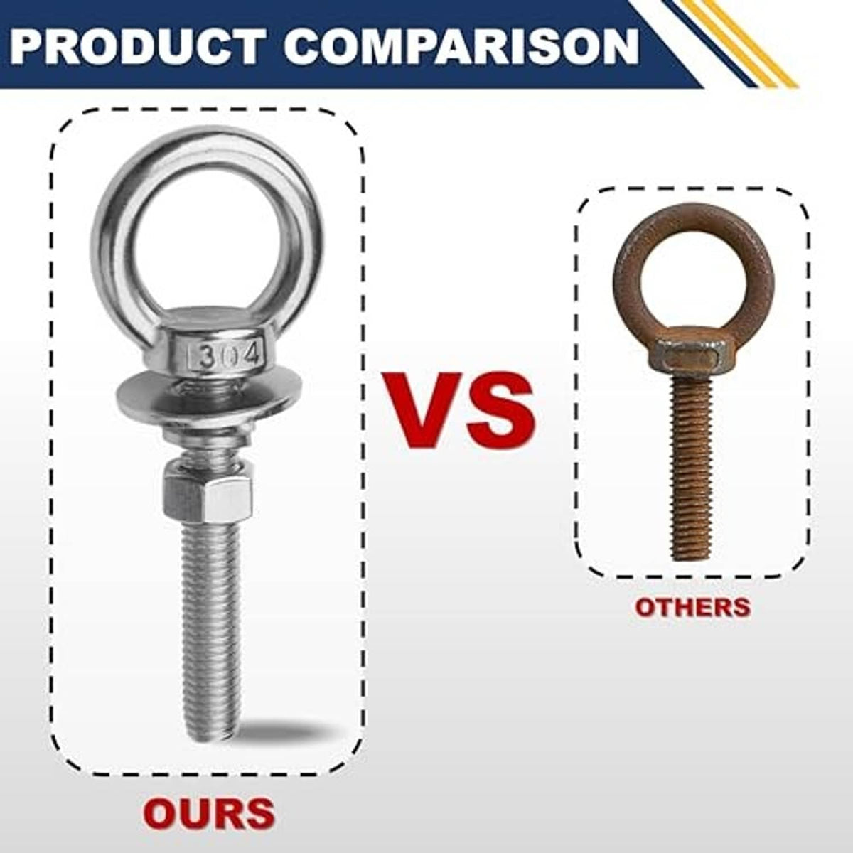 Stainless steel eye bolt with nut and washer compared to another fastener