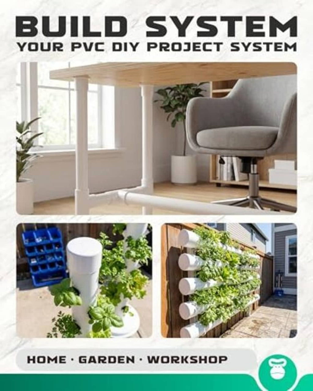 White PVC DIY pipe end caps used in a shelving build system display