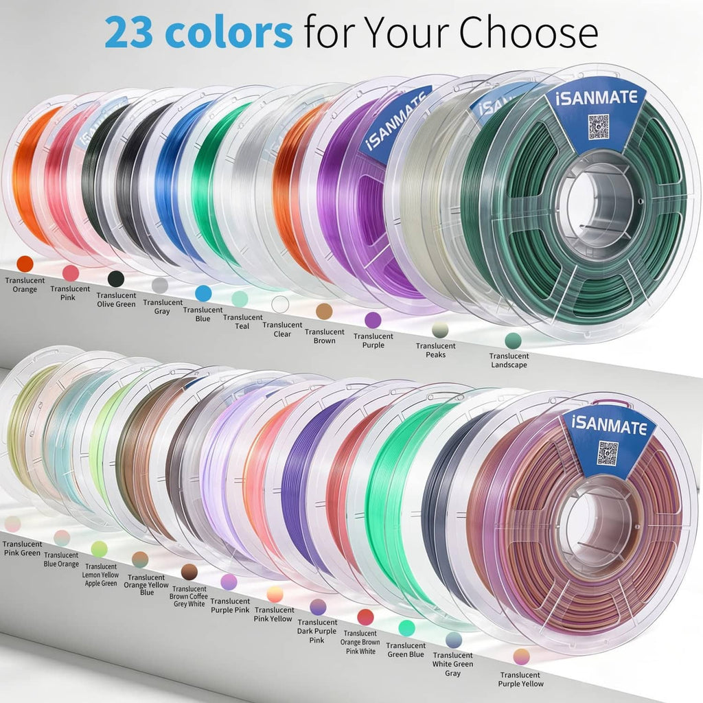 Assorted iSANMATE translucent PETG filament spools in 23 colors on rack