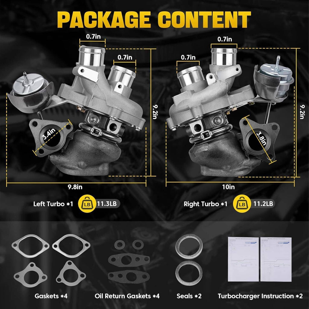 Package contents: left/right turbochargers plus gaskets, seals, and instruction sheets