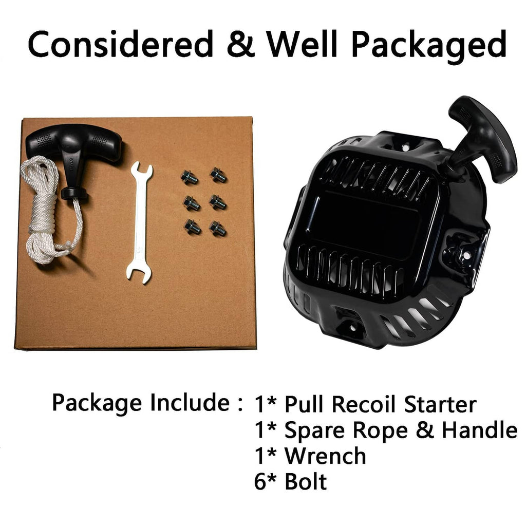 Recoil starter kit boxed with pull handle, spare rope, wrench, and bolts
