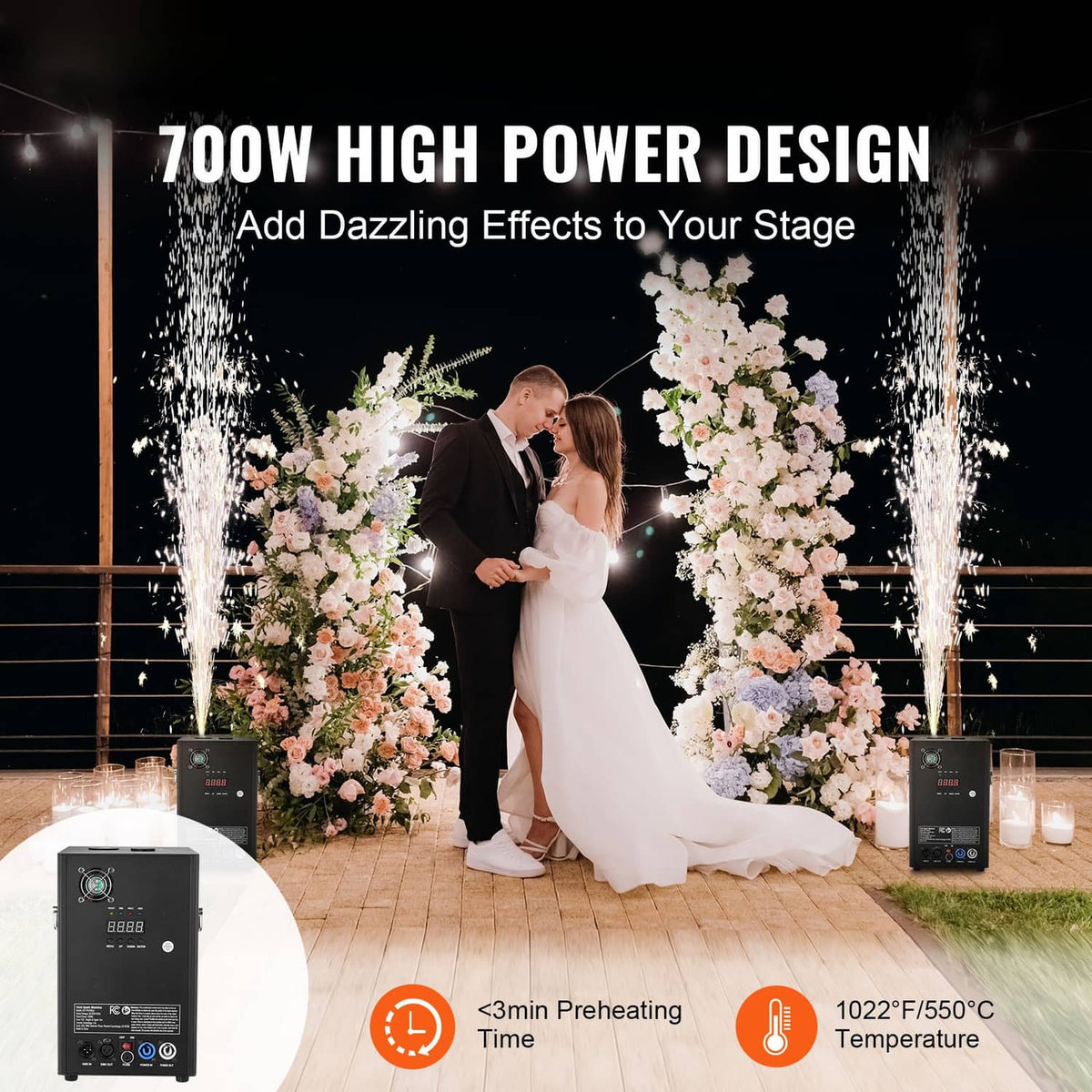 Cold spark machine on stage with sparks effect and two units in view